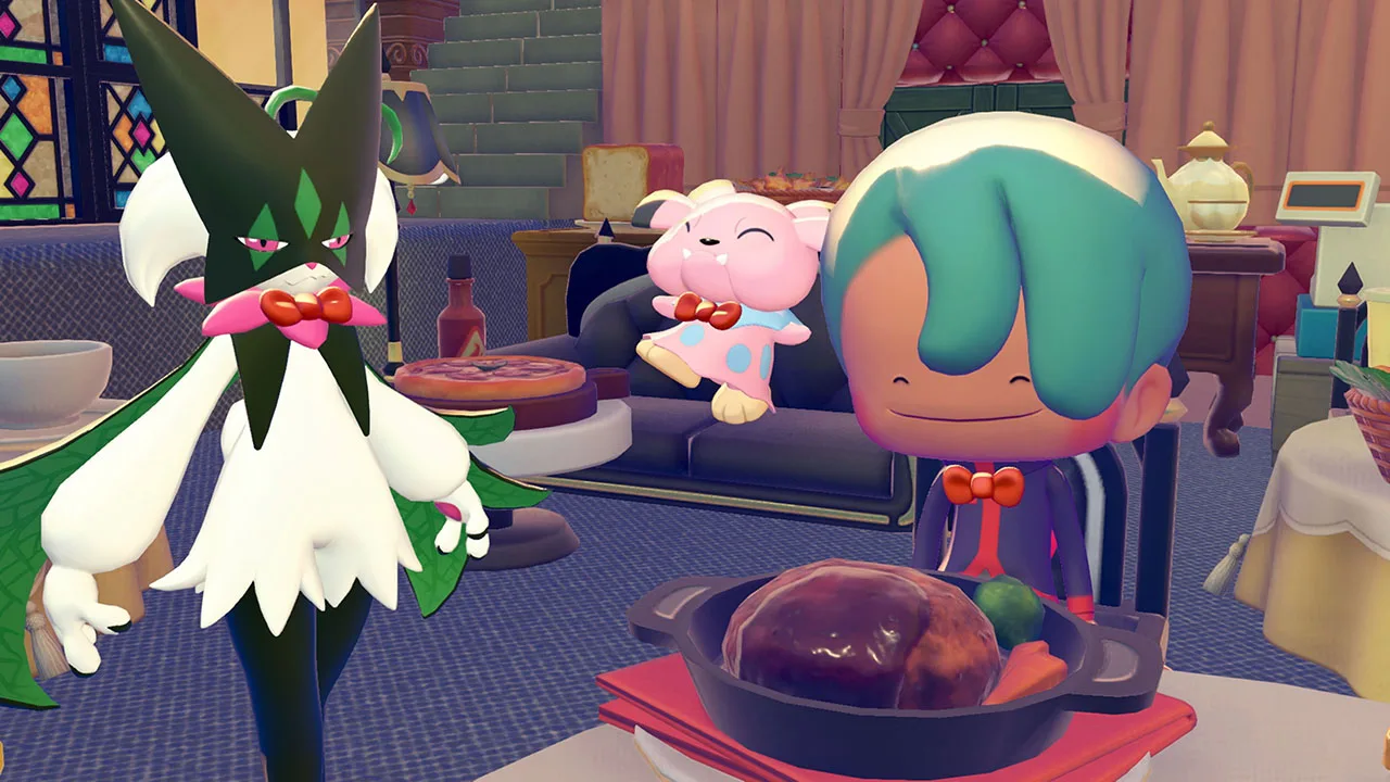 Decidueye wearing a red bow tie stands beside a teal-haired human-form Ditto also wearing a red bow tie at a dinner table, with a pink Pokemon wearing a matching bow on a couch behind them.
