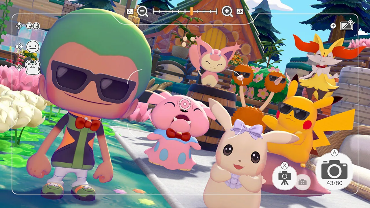 A green-haired human-form Ditto wearing sunglasses and a red bow tie stands with a sunglasses-wearing Pikachu and Braixen nearby, outside a wooden house.