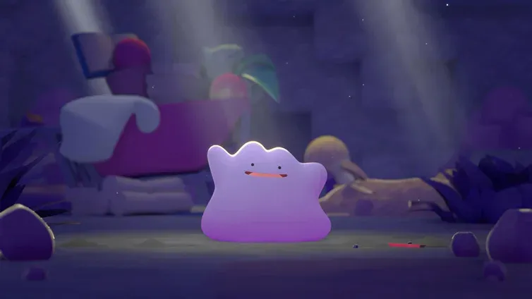 A glowing Ditto sitting in a dim stone chamber in Pokemon Pokopia, surrounded by abandoned human furniture, a bathtub, plants and broken rock with shafts of light overhead.