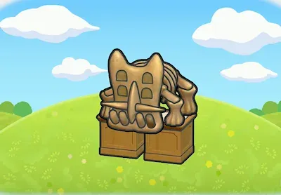 The Shield Fossil Display habitat from Pokemon Pokopia, an assembled Bastiodon skeleton with a broad shield-shaped head, mounted across two wooden exhibition stands set side by side.