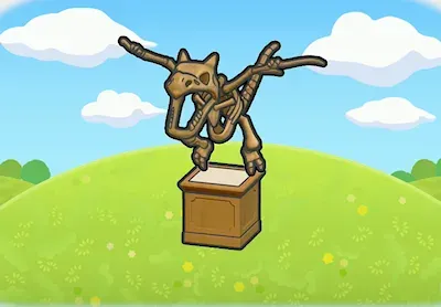 The Wing Fossil Display habitat from Pokemon Pokopia, an assembled Aerodactyl skeleton with outstretched wings mounted on a single wooden exhibition stand on a grassy hill.