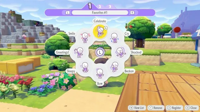 The Pokopia emote wheel open on a Favorites page, showing Celebrate, Smile, Cry, Greetings, Shocked, Sleepy, Beckon and Bow around a central L button prompt.