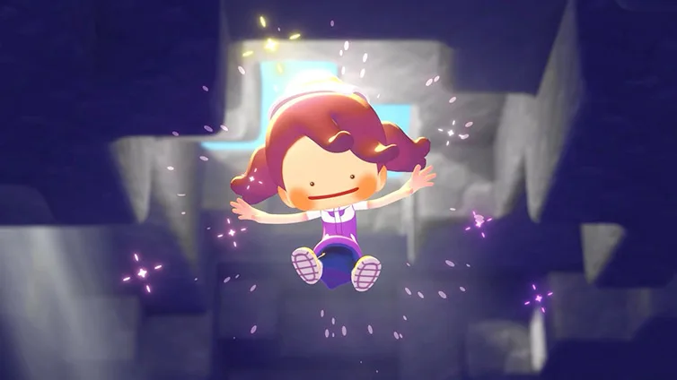 Ditto transforming into its human-shaped Pokopia character in a dim stone cavern, arms outstretched in a burst of purple sparks, wearing the white cap and purple starting top.