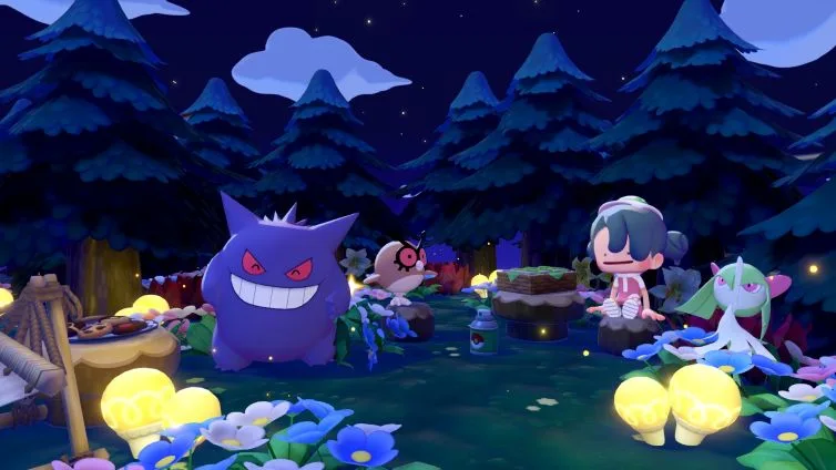 A Pokopia player character with dark teal hair in buns and a headband standing at night among glowing lanterns and blue flowers, with Gengar and Gardevoir nearby.