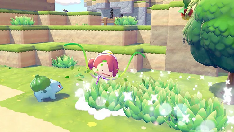 The Pokopia player character in the default white cap and purple top, sweeping Vine Whip through sparkling tall grass while Bulbasaur watches from the path.