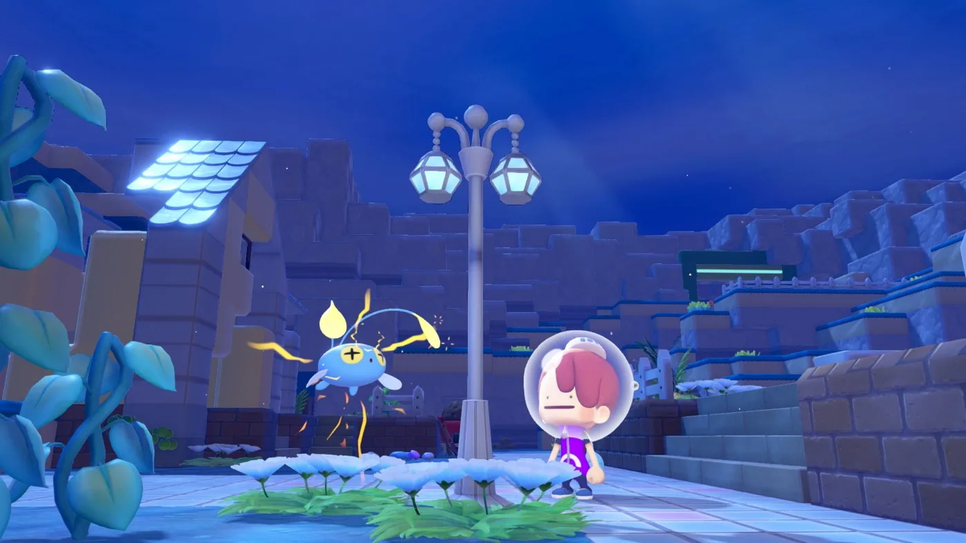 A glowing Chinchou hovers beside a white lamppost at night in Pokemon Pokopia while Ditto in human form stands on a tiled path under a deep blue sky.