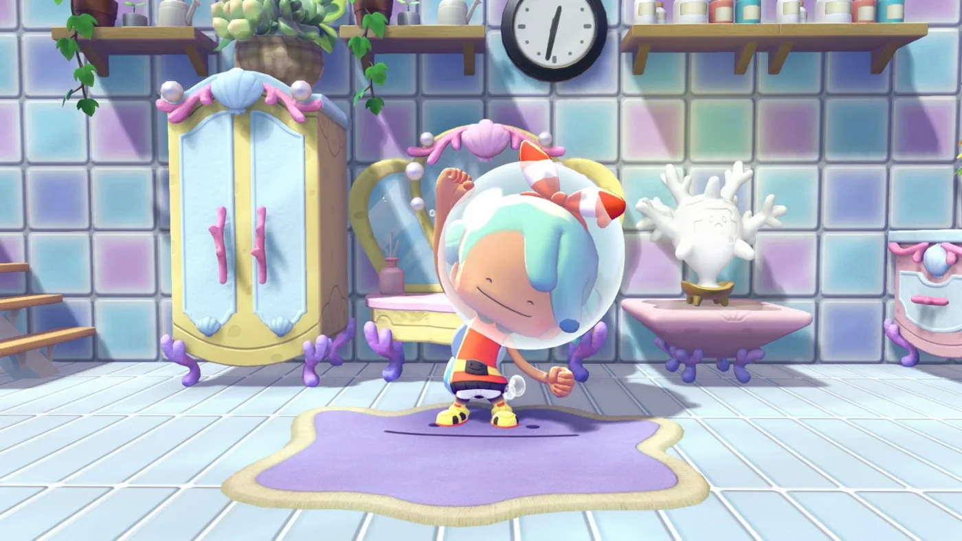 Ditto in human form with blue-green hair stands in a Pokopia room decorated with coral, shells and pearl-trimmed furniture on a purple Ditto-shaped rug.