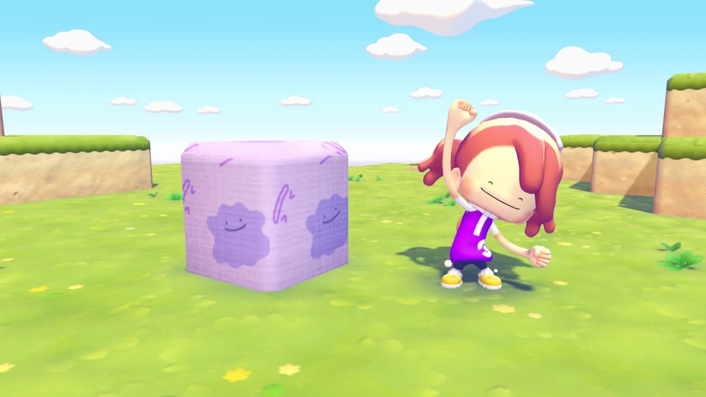 A Pokopia block covered in a purple dynamic Ditto print pattern sits on a grass field while Ditto in human form cheers beside it with one arm raised.