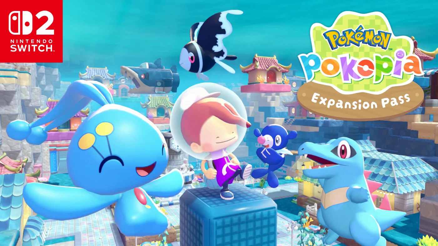 Official Pokemon Pokopia Expansion Pass key art: Ditto in human form wearing a bubble helmet stands on a blue block underwater, with Manaphy, Popplio, Totodile and a Luvdisc around it.