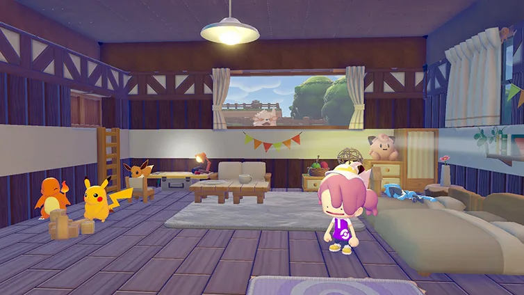 A furnished Pokemon Pokopia room with sofas, a low table, a chest of drawers, bunting and a rug, with Charmander and Pikachu among the Pokemon inside and the player standing in the middle.
