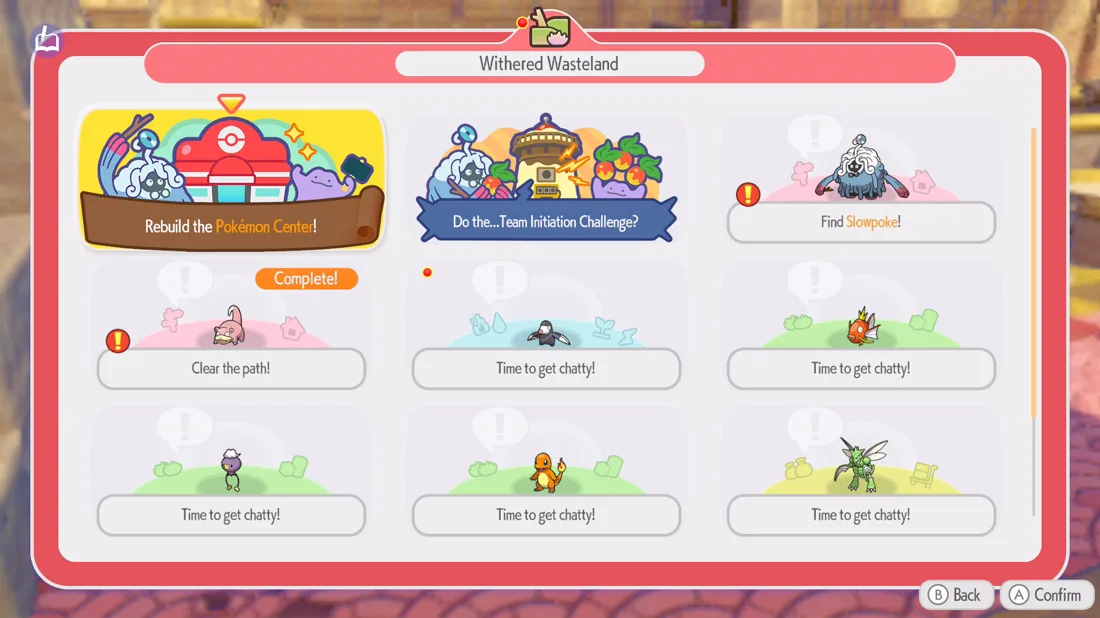 The Pokemon Pokopia request board for Withered Wasteland, showing Rebuild the Pokemon Center as the main task alongside smaller jobs like Find Slowpoke and Clear the path.