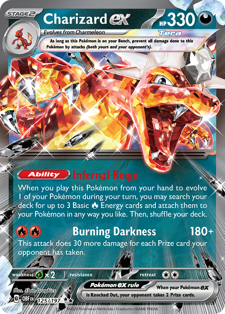 Charizard ex from Obsidian Flames, a Stage 2 Tera Pokémon ex that gives up two Prize cards when Knocked Out.
