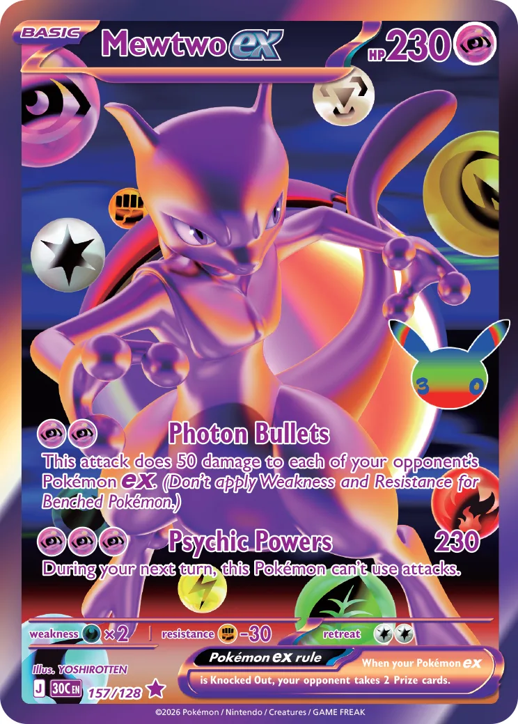 Mewtwo ex 157/128, the Futuristic Rare printing from Pokémon TCG: 30th Celebration - 230 HP, a 230-damage Psychic Powers attack, and the same Pokémon ex rule that costs its owner's opponent 2 Prize cards.