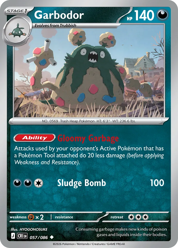Garbodor 057/097 from Chaos Rising, whose Gloomy Garbage Ability reduces damage by 20 before applying Weakness and Resistance against Pokemon holding a Tool.