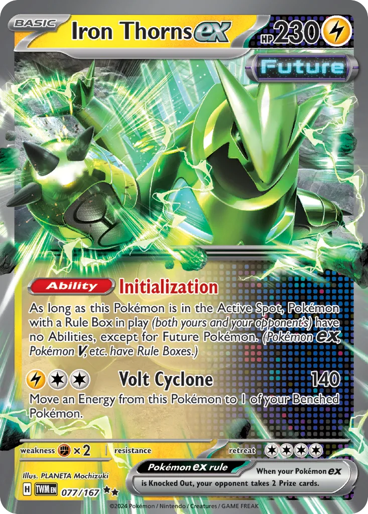 Iron Thorns ex 077/167 from Twilight Masquerade, whose Initialization Ability switches off the Abilities of every Pokemon with a Rule Box while it sits in the Active Spot.