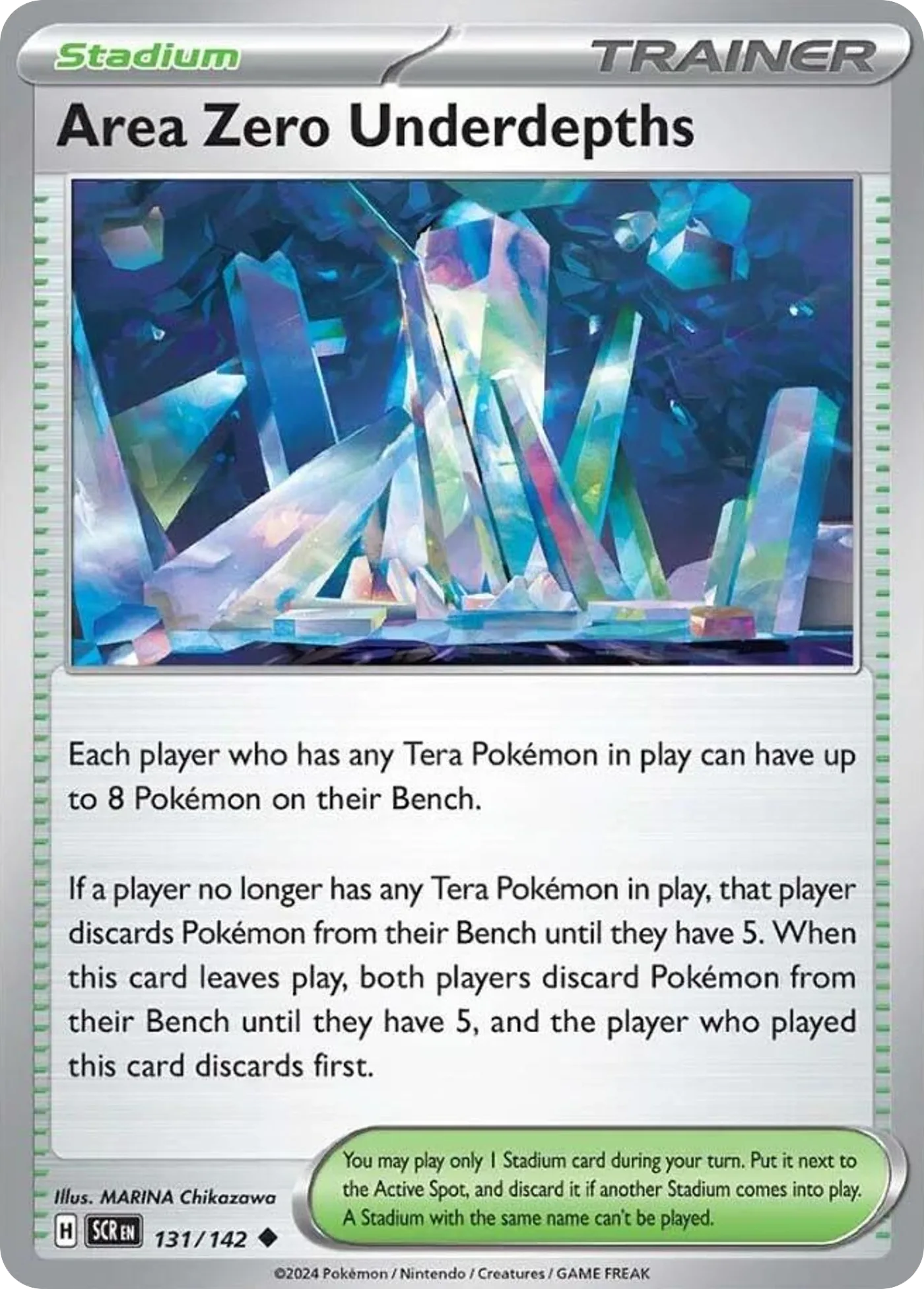 Area Zero Underdepths, the Stellar Crown Stadium that raises a Tera Pokémon owner's Bench from five slots to eight — run at four copies in the Baltimore Regional-winning Basic Box list.