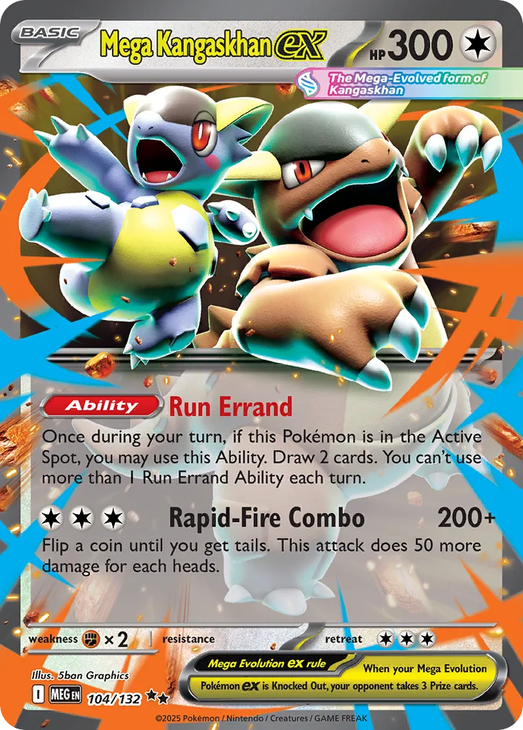 Mega Kangaskhan ex from the Mega Evolution set, a 300 HP Basic Pokémon whose Rapid-Fire Combo attack does 200 or more damage and whose Run Errand Ability draws two cards a turn — the top attacker in the Basic Box deck that won the Baltimore Regional Championships.