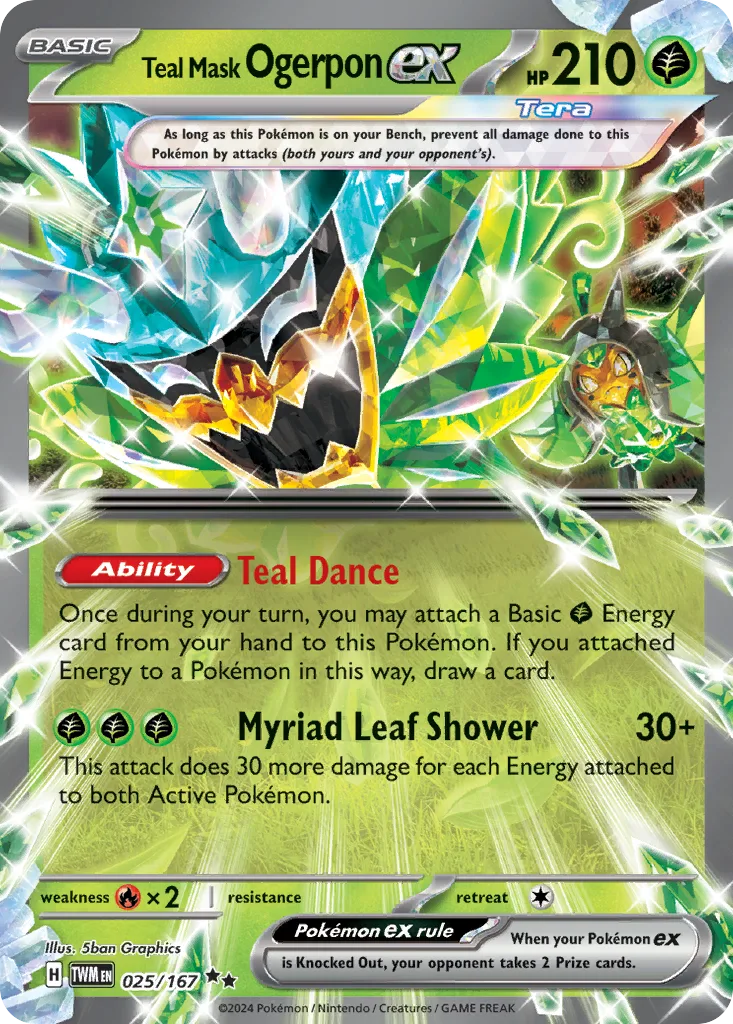 Teal Mask Ogerpon ex from Twilight Masquerade, a 210 HP Basic Tera Pokémon ex that cannot be damaged by an attack while on the Bench — one of two Ogerpon ex run in the Baltimore-winning Basic Box list.