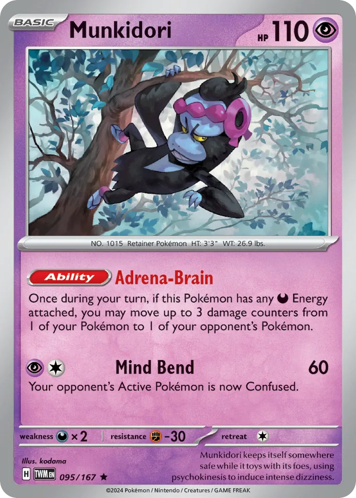 Munkidori from Twilight Masquerade, one of two copies in Andrew Hedrick's Worlds-winning Dragapult ex list, backing up the Bench-spread plan without adding to the deck's Energy demands.