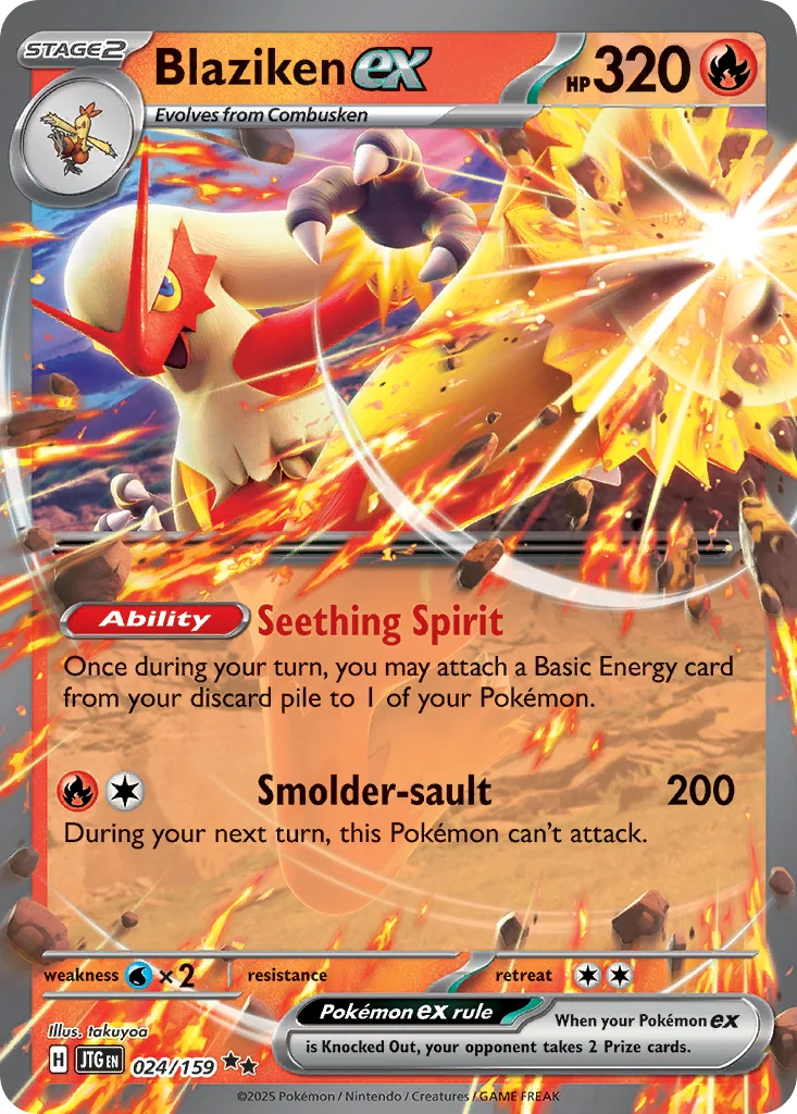Blaziken ex 024/159 from Journey Together, a Stage 2 Fire Pokemon with 320 HP whose Seething Spirit Ability attaches a Basic Energy card from the discard pile once per turn, and whose Smolder-sault attack costs one Fire and one Colorless for 200 damage.