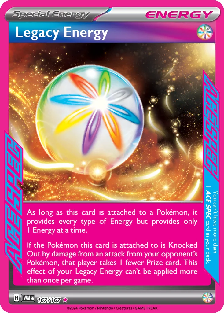 Legacy Energy 167/167 from Twilight Masquerade, an ACE SPEC Special Energy that provides every type of Energy one at a time and makes the opponent take one fewer Prize card when the Pokemon it is attached to is Knocked Out.