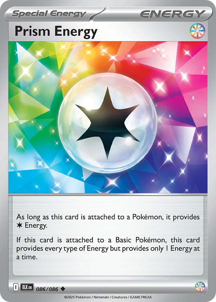 Prism Energy 086/086 from Black Bolt, a Special Energy card that provides Colorless Energy, and provides every type of Energy one at a time only while it is attached to a Basic Pokemon.