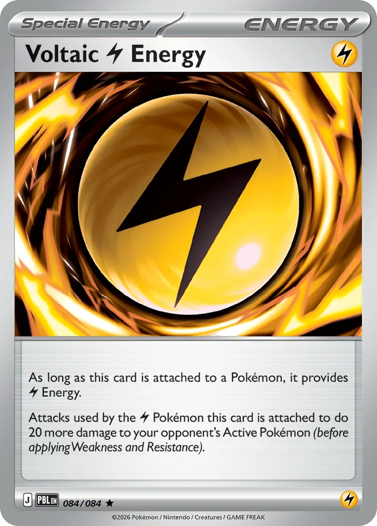 Voltaic Lightning Energy 084/084 from Pitch Black, a Special Energy card that provides Lightning Energy and makes attacks from the Lightning Pokemon it is attached to do 20 more damage to the Active Pokemon.