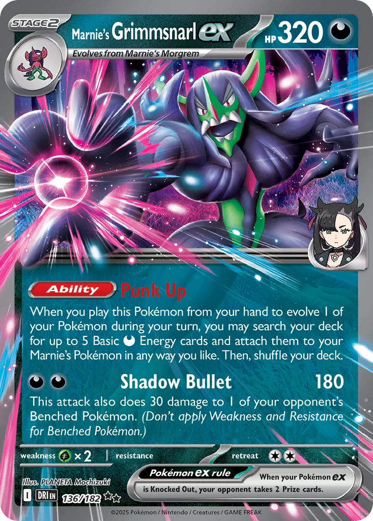 Marnie's Grimmsnarl ex 136/182 from Destined Rivals, whose Punk Up Ability attaches up to five Basic Darkness Energy from the deck when it evolves.