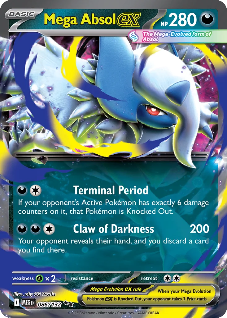 Mega Absol ex 086/132 from the Mega Evolution expansion, a Basic Pokemon despite the Mega branding, with 280 HP and the Terminal Period attack.
