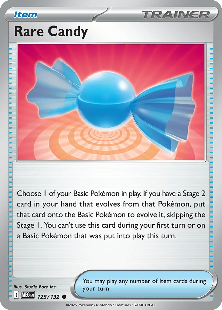 Rare Candy 125/132 from the Mega Evolution expansion, the Item card that evolves a Basic Pokemon straight into a Stage 2 and skips the Stage 1 entirely.