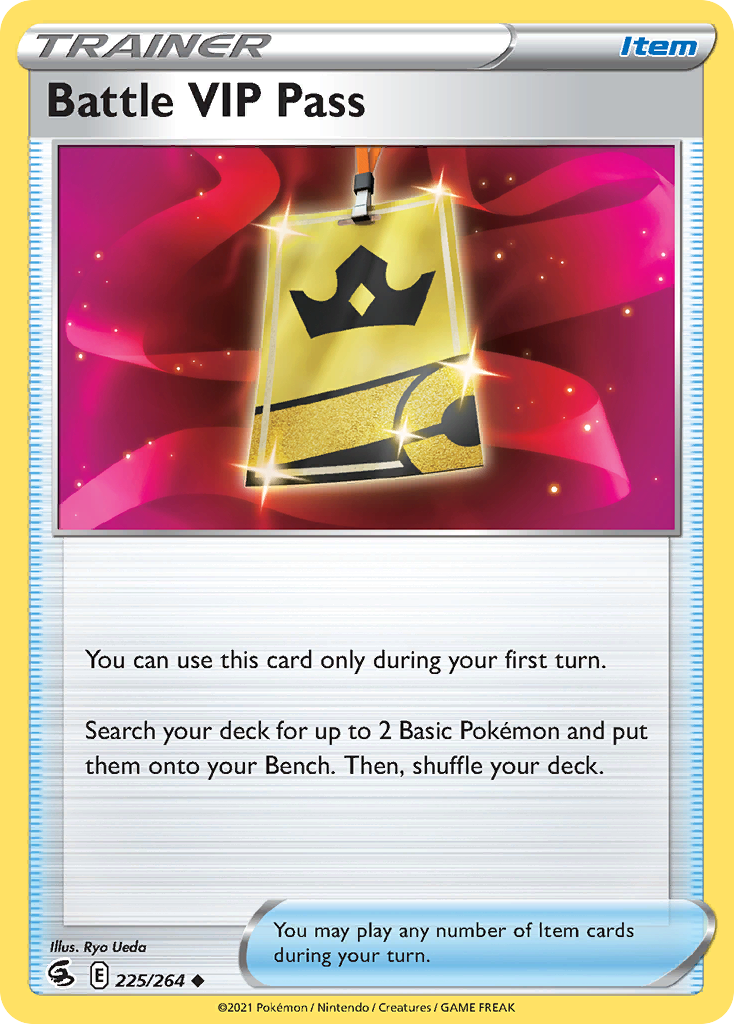Battle VIP Pass 225/264 from Fusion Strike, an Item card depicting a gold VIP badge on a lanyard - fitting for a Gen Con that sold out all four days.