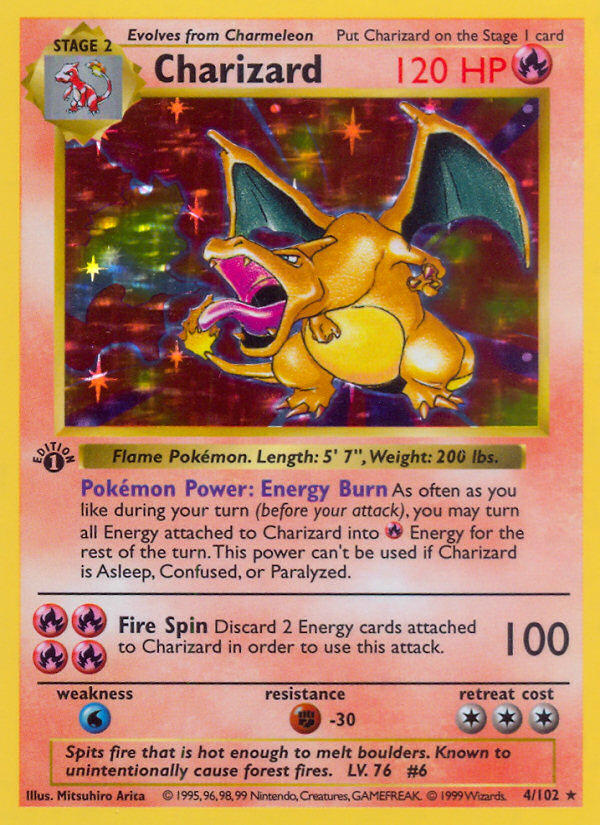 Charizard 4/102 from Base Set, the 120 HP holo - exactly the card the retro tournament's reprint rule was written about.