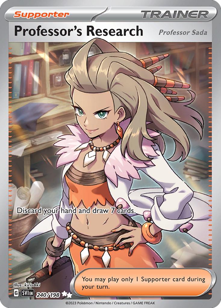 Professor's Research (Professor Sada) 240/198, the full-art Ultra Rare from Scarlet & Violet - the card named after the people actually running Gen Con's Pokemon tables.