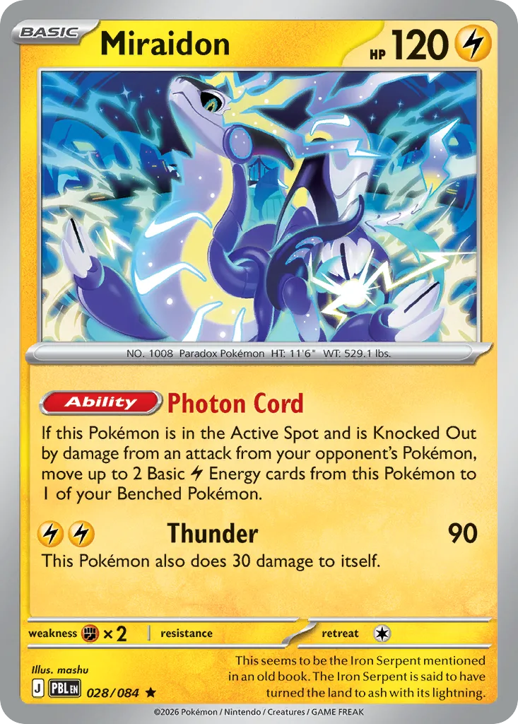 Miraidon 28/084 from Mega Evolution—Pitch Black, one of the Pokémon named among that set's Build & Battle Box promos, with a 90-damage Thunder attack that also does 30 damage to itself.