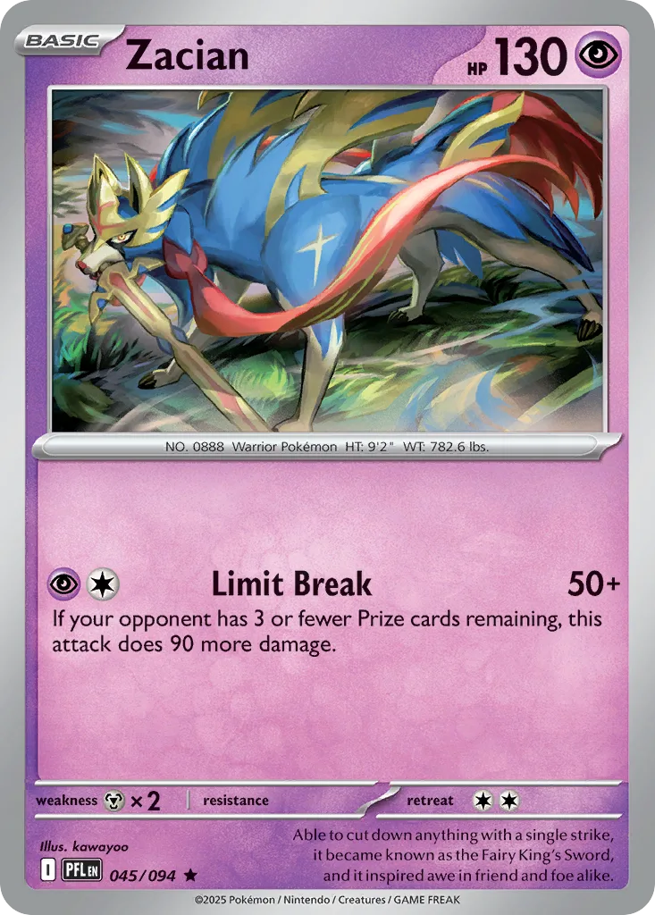 Zacian 45/094 from Mega Evolution—Phantasmal Flames, whose Limit Break attack does 90 extra damage once the opponent is down to three Prize cards — a threshold that arrives after a single Prize in the four-Prize Prerelease format.