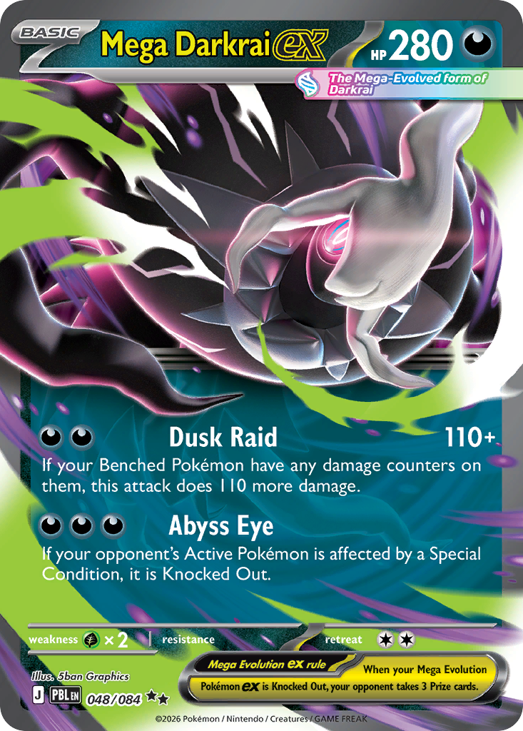 Mega Darkrai ex 048/084 from Pitch Black, the Double Rare printing of the set's cover Mega - the J regulation mark at bottom left is what keeps it in Standard, and the Abyss Eye attack names the Japanese set it came from.
