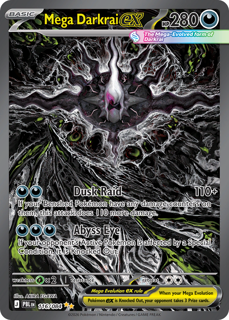 Mega Darkrai ex 116/084 from Mega Evolution - Pitch Black, the Special Illustration Rare by AKIRA EGAWA - the newest expansion in Standard when Gen Con 2026 opened.