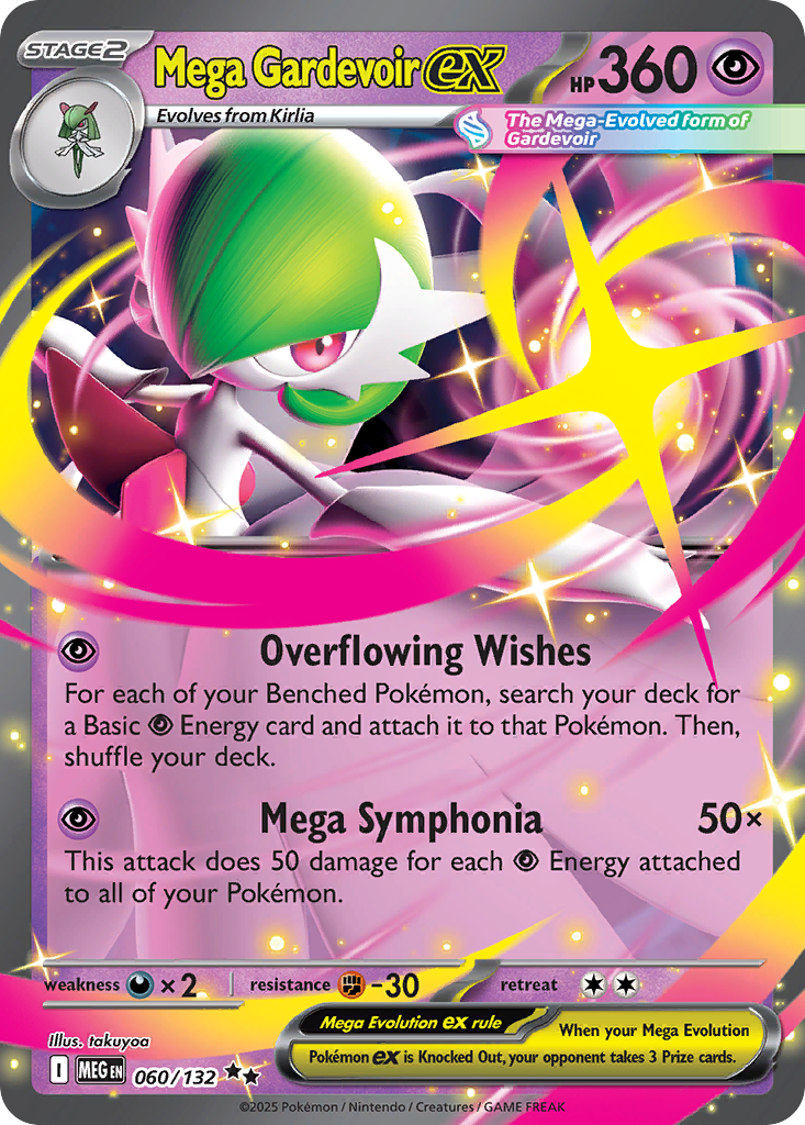Mega Gardevoir ex 060/132 from the September 2025 Mega Evolution base set - regulation mark I, 360 HP, and the era's defining tax printed at the bottom: three Prize cards when a Mega Evolution ex goes down.