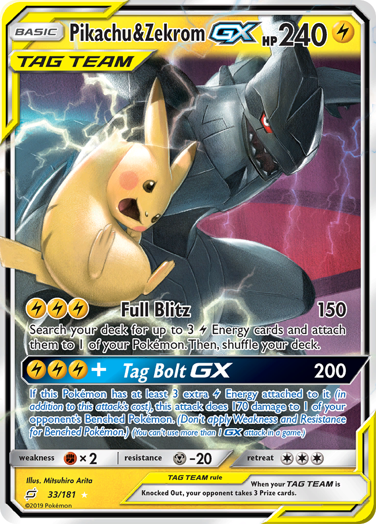 Pikachu and Zekrom-GX 33/181 from 2019's Team Up, illustrated by Mitsuhiro Arita - one of the classic cards the 30th Celebration announcement names for reprint, and one that will not be Standard-legal there.