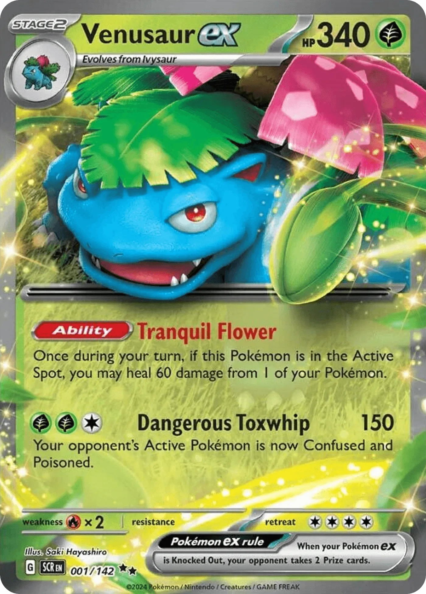 Venusaur ex 001/142 from Stellar Crown, a Stage 2 Grass Pokémon whose Dangerous Toxwhip attack does 150 damage and makes the opponent Active Pokémon both Confused and Poisoned.