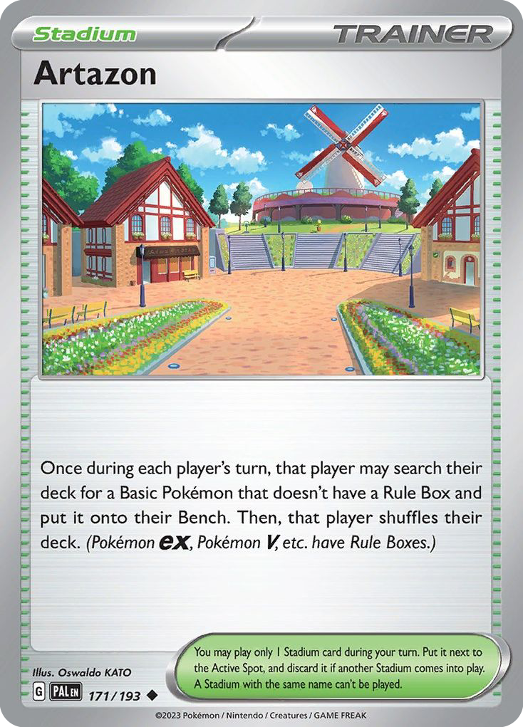 Artazon 171/193 from Paldea Evolved, a Stadium card letting each player bench a Basic Pokémon without a Rule Box once per turn, with the full Stadium rules printed in the green box along the bottom.