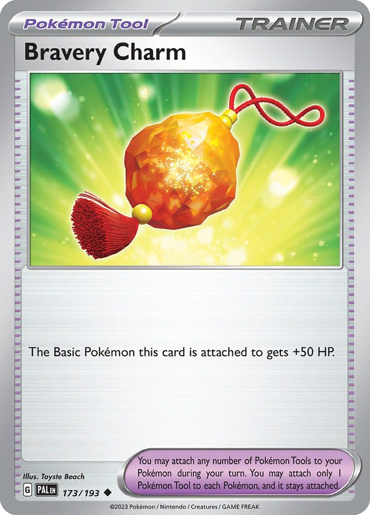 Bravery Charm 173/193 from Paldea Evolved, whose header reads Pokémon Tool rather than Item and which gives the Basic Pokémon it is attached to 50 extra HP.