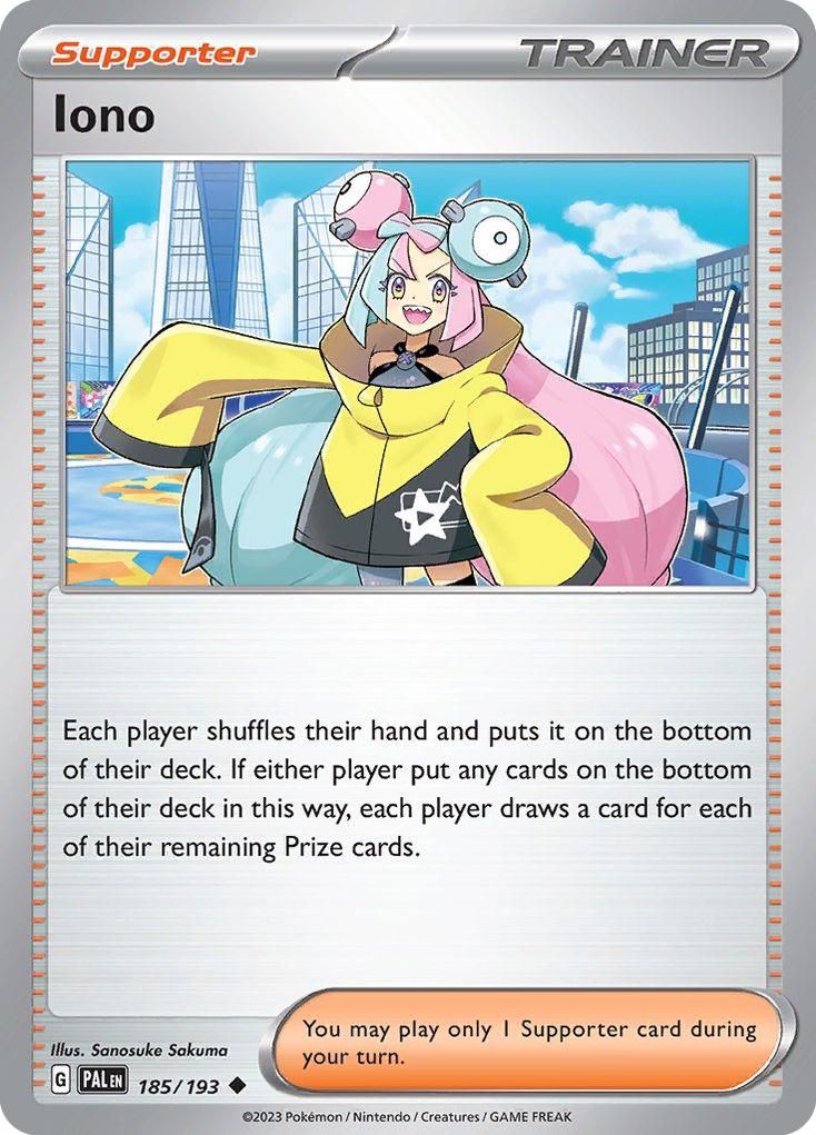 Iono 185/193 from Paldea Evolved, a Supporter card that shuffles each player's hand to the bottom of their deck and draws to their remaining Prize count, with the one-Supporter-per-turn rule printed along the bottom.