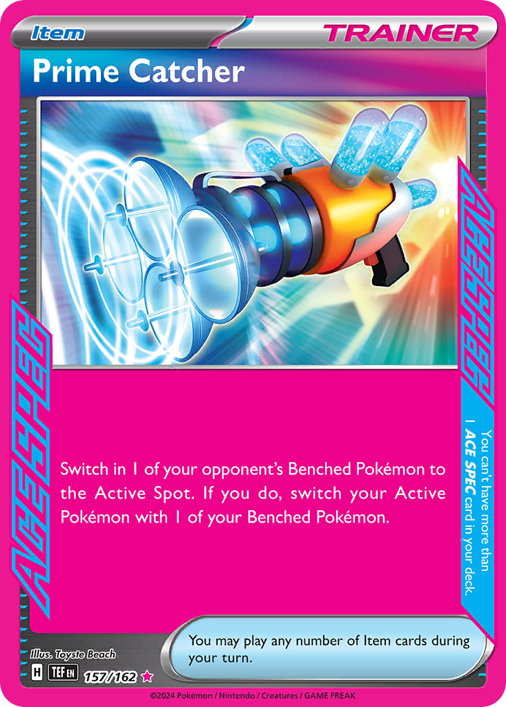 Prime Catcher 157/162 from Temporal Forces, an ACE SPEC Item card in a bright pink frame that gusts an opposing Benched Pokémon into the Active Spot while switching your own.