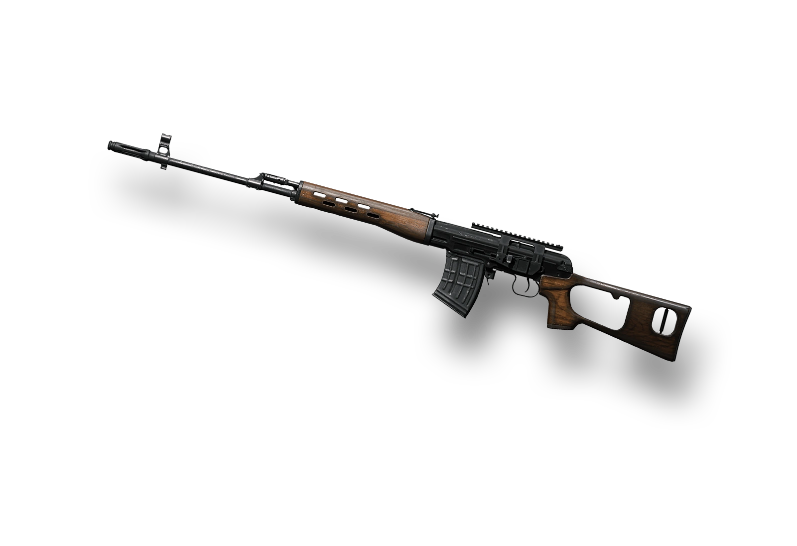 The Dragunov, a 7.62mm DMR with the highest per-shot body damage in the class — but a slow fire rate that demands a patient trigger.