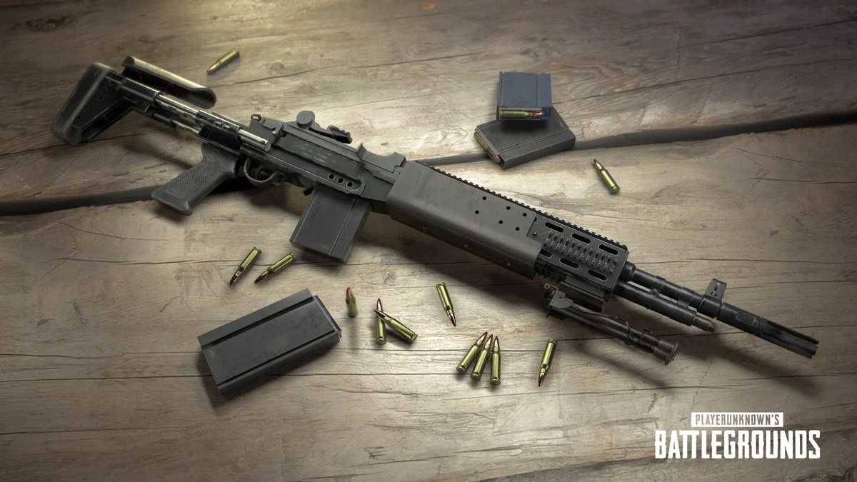 The Mk14 EBR, PUBG's crate-only 7.62mm DMR with a full-auto mode — the most powerful marksman rifle in the game when you find one.