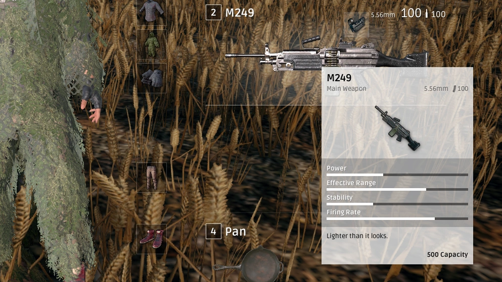 The M249, PUBG's crate-only belt-fed light machine gun with a 100-round box magazine — the top of the LMG ranking when you can find one.