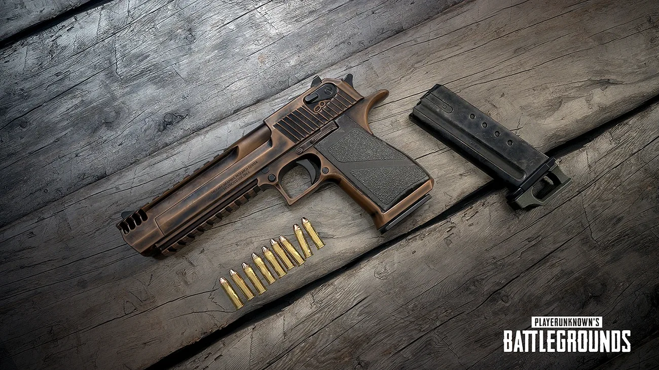 The Deagle, PUBG's hardest-hitting pistol — it can drop a Level 3 helmet in two headshots, but it kicks hard and the magazine is tiny.