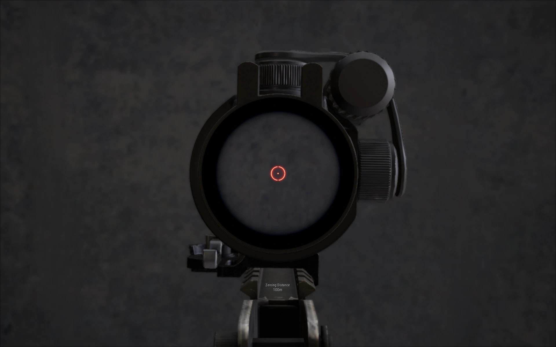 A PUBG red dot sight aim-down-sights view — the close-range ADS that aim assist and your targeting sensitivity govern on a controller.