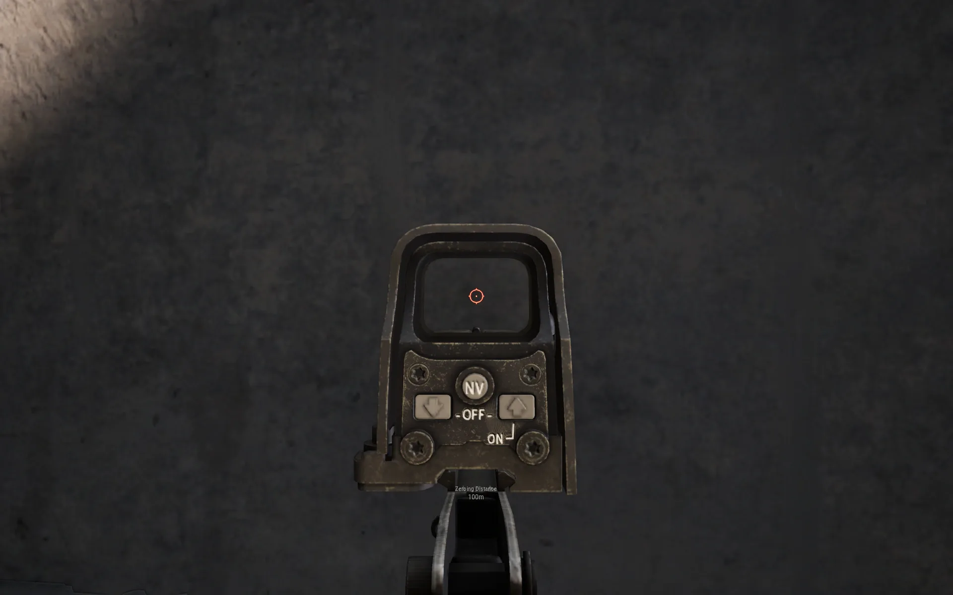The view through PUBG's holographic sight — a crisper reticle than the red dot, at the cost of a bulkier frame around your vision.